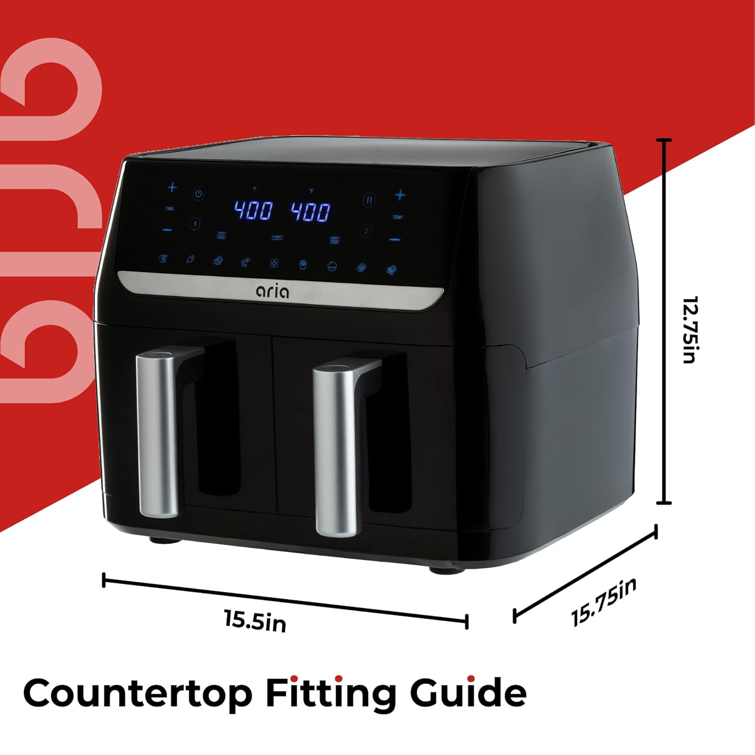 Aria 10Qt Dual Basket Air Fryer, Double 5Qt Basket Efficiency, Smart Sync Cooking, 8 Versatile Presets, Intuitive Touch Controls, and Dishwasher-Safe Baskets