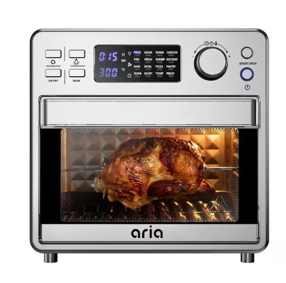 Ariawave Mini 16QT Air Fryer & Toaster Oven, Multifunctional with 15 Presets - Fry, Bake, Roast, Grill, Oil-Free, Compact Design, Inclusive Accessories, 360 Rotisserie Feature, Stainless Steel