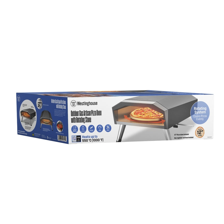 Westinghouse 13-Inch Gas Pizza Oven No Rotation Stone - 1000F High-Heat, Portable Gas-Powered Design, Folding Legs, Adjustable Heat Control, Fast & Crispy Wood-Fired-Style Pizzas