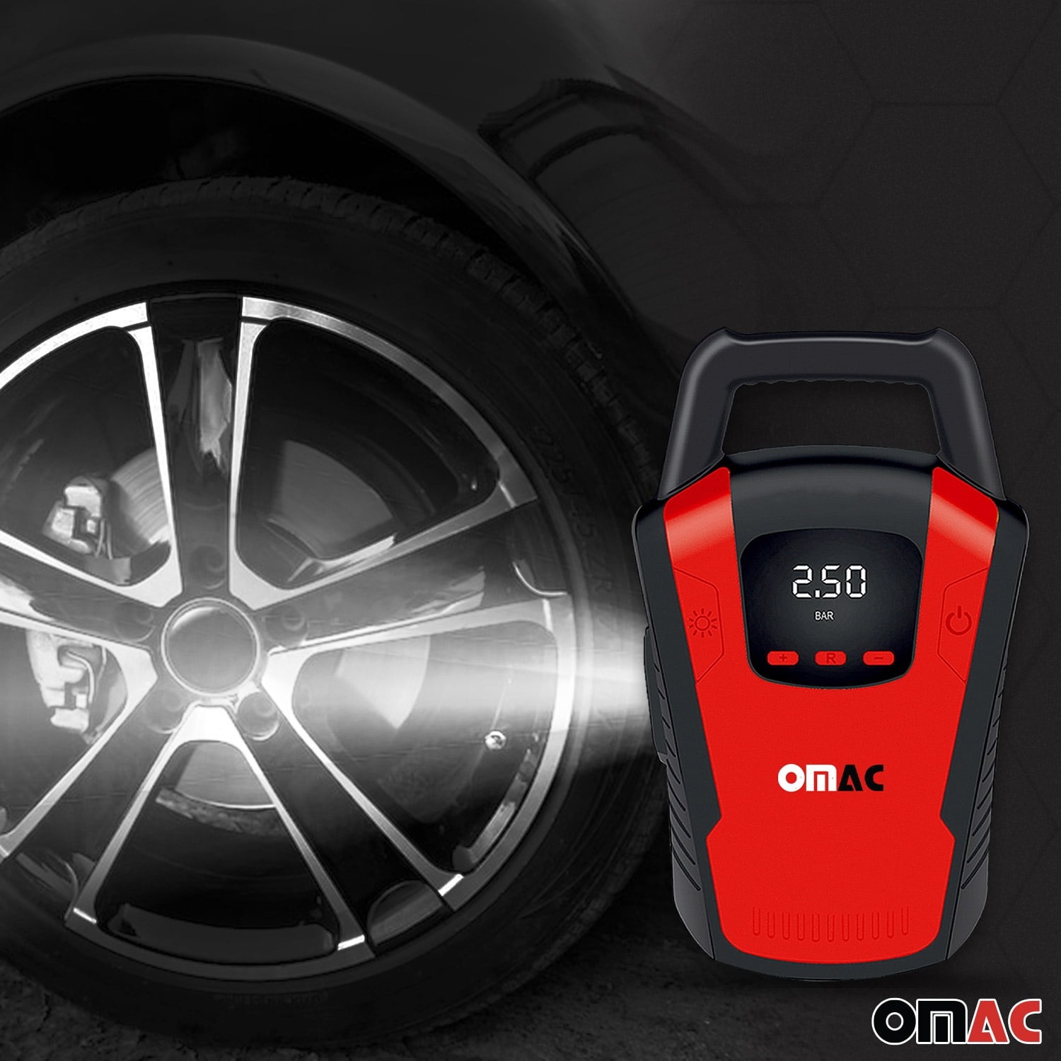 OMAC Car Tire Pump, Cigarette Lighter Tire Inflator, 12V, Portable Air Compressor, Air Pump, Digital Pressure Gauge,150PSI, LED Light, Red