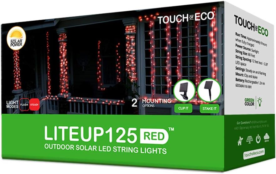 Touch Of Eco 125 Solar Powered LED String Lights, 68 Feet