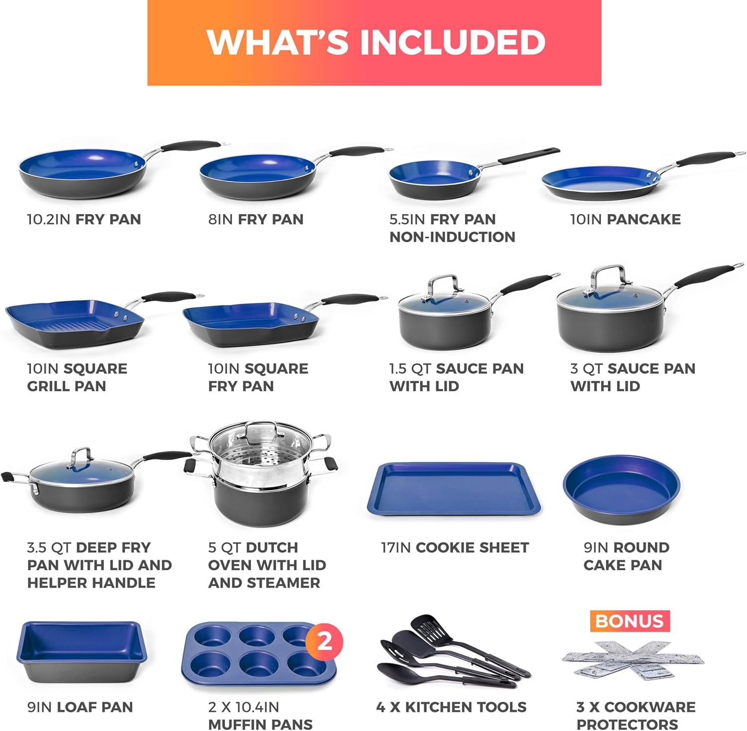 Mueller Sapphire UltraClad Kitchen Induction Pots and Pans Set Nonstick Induction Cookware Sets -24pc for Cooking Kitchen Cookware Sets, Frying Pans 24-Piece Sapphire
