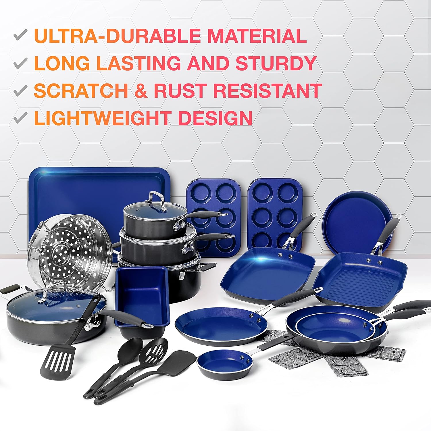 Mueller Sapphire UltraClad Kitchen Induction Pots and Pans Set Nonstick Induction Cookware Sets -24pc for Cooking Kitchen Cookware Sets, Frying Pans 24-Piece Sapphire