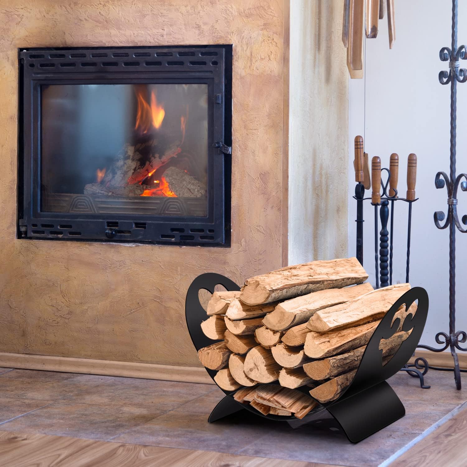AMAGABELI Black Metal Firewood Rack – Indoor/Outdoor U-Shaped Log Holder