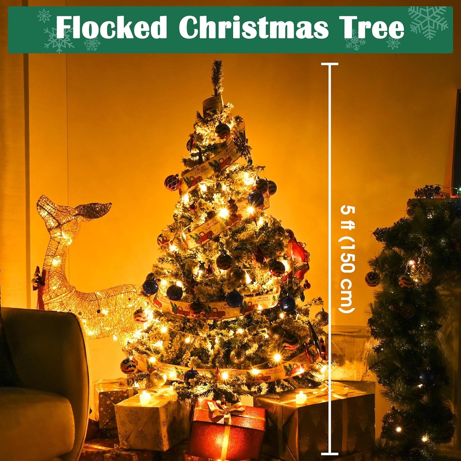Yescom 5ft White Flocked Artificial Christmas Tree – Hinged Foldable Pine with 518 Branch Tips for Holiday, Party, Office & Home Décor