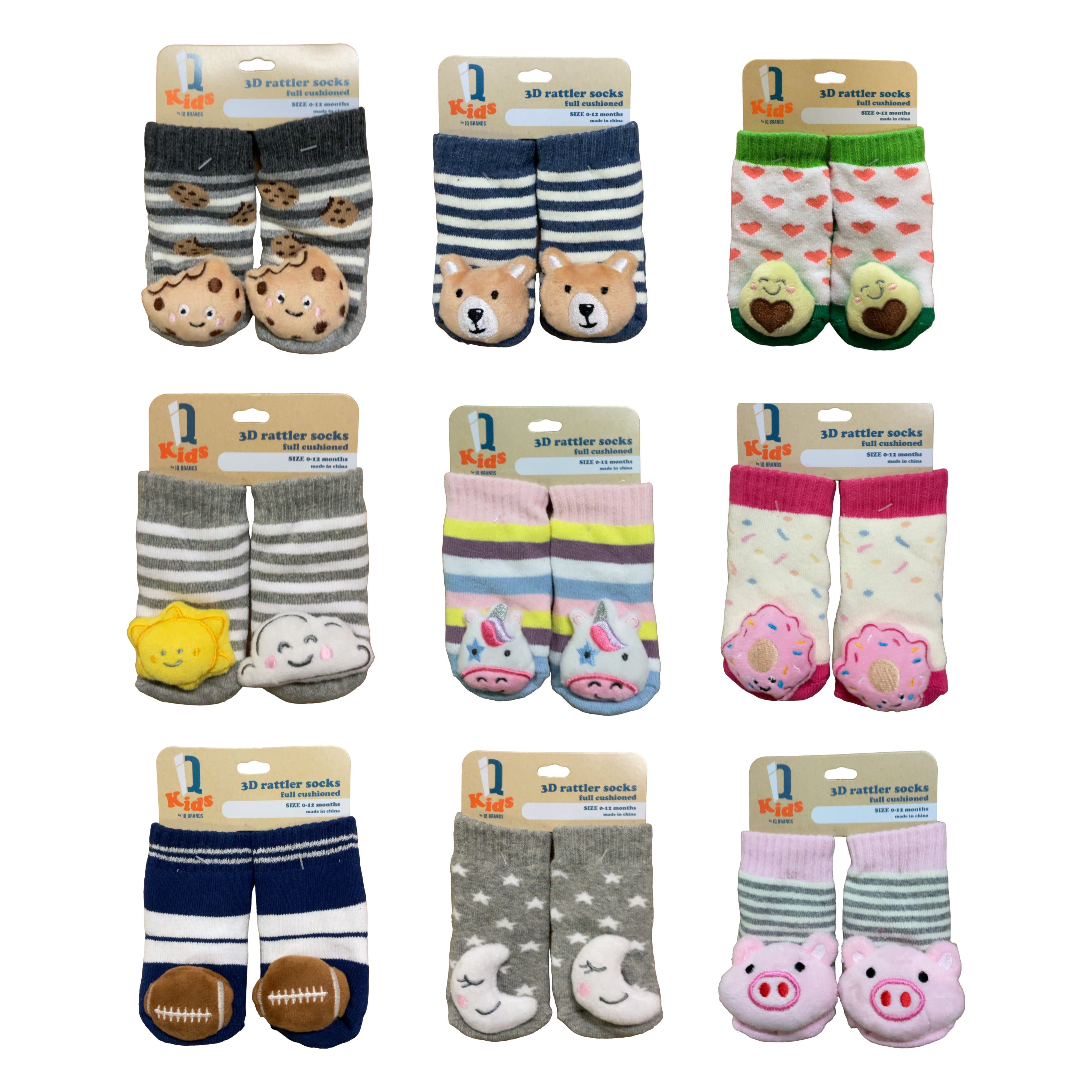 IQ Brands 3D Baby Rattle Socks, Full Cushioned, 0-12 Months