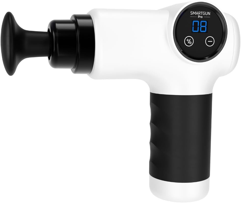Spa Sciences SMARTGUN Massage Gun, Pro Therapeutic with 4 Heads, 8 Speed, Rechargeable, White