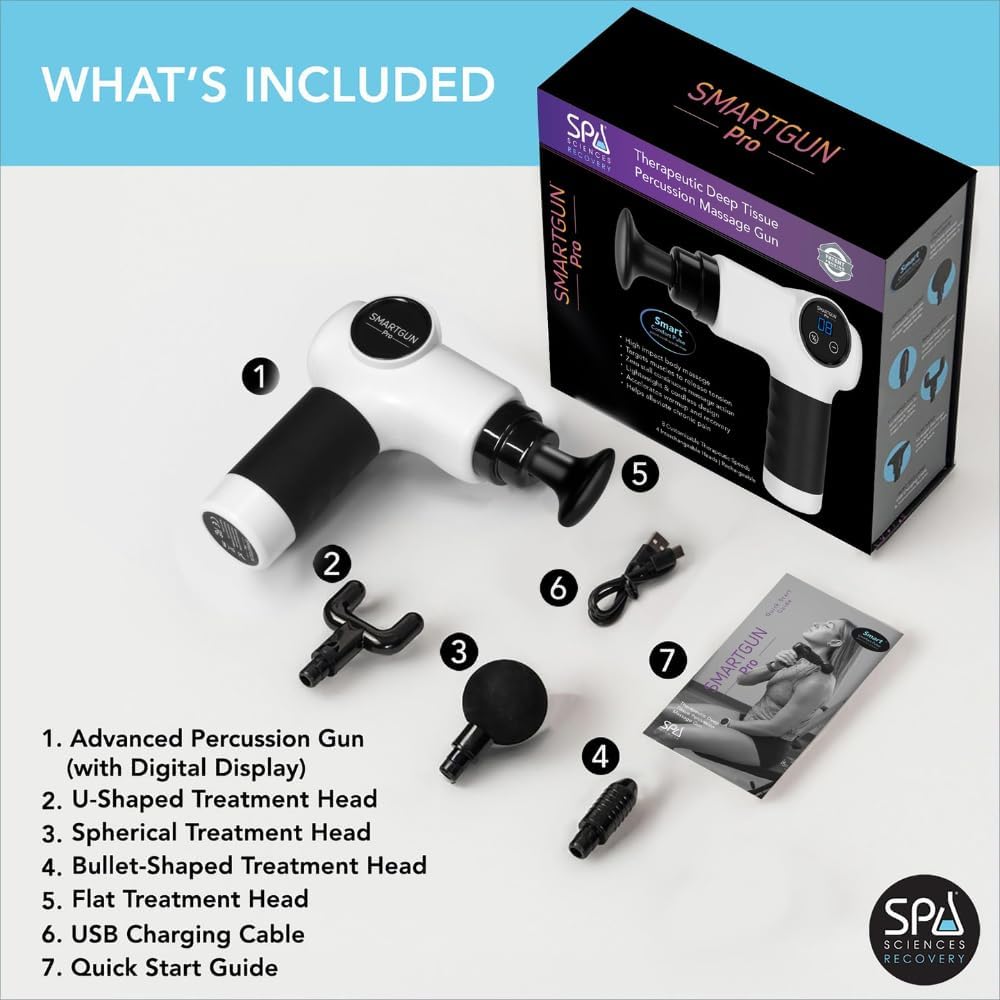 Spa Sciences SMARTGUN Massage Gun, Pro Therapeutic with 4 Heads, 8 Speed, Rechargeable, White
