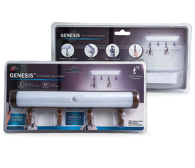 Genesis - Motion Sensing COB LED Illuminated Key Holder - Key Rack with 4 Key Hook (Woodgrain)
