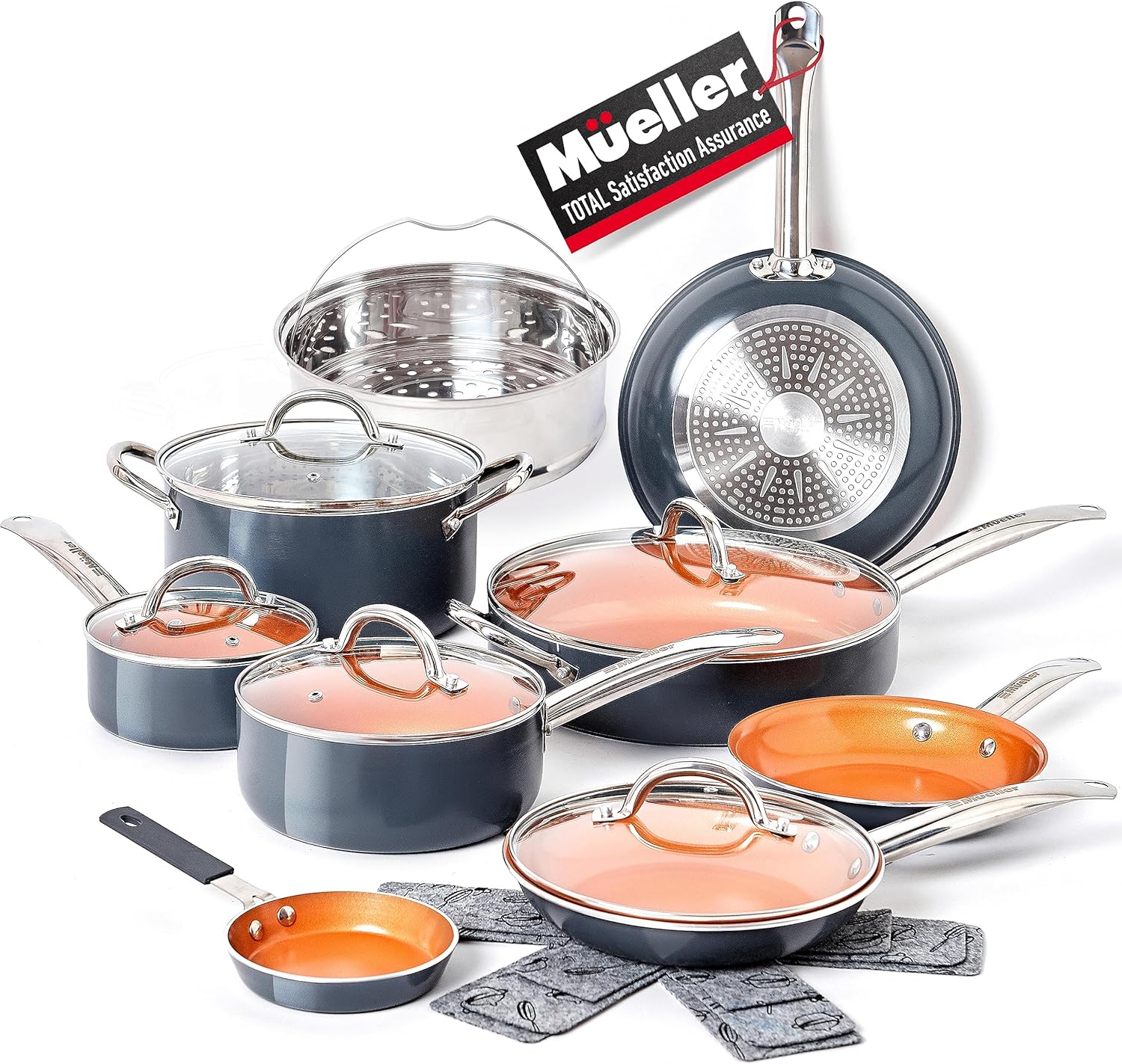Mueller UltraClad Copper Pots and Pans Set, 14-Piece Kitchen Cookware Set