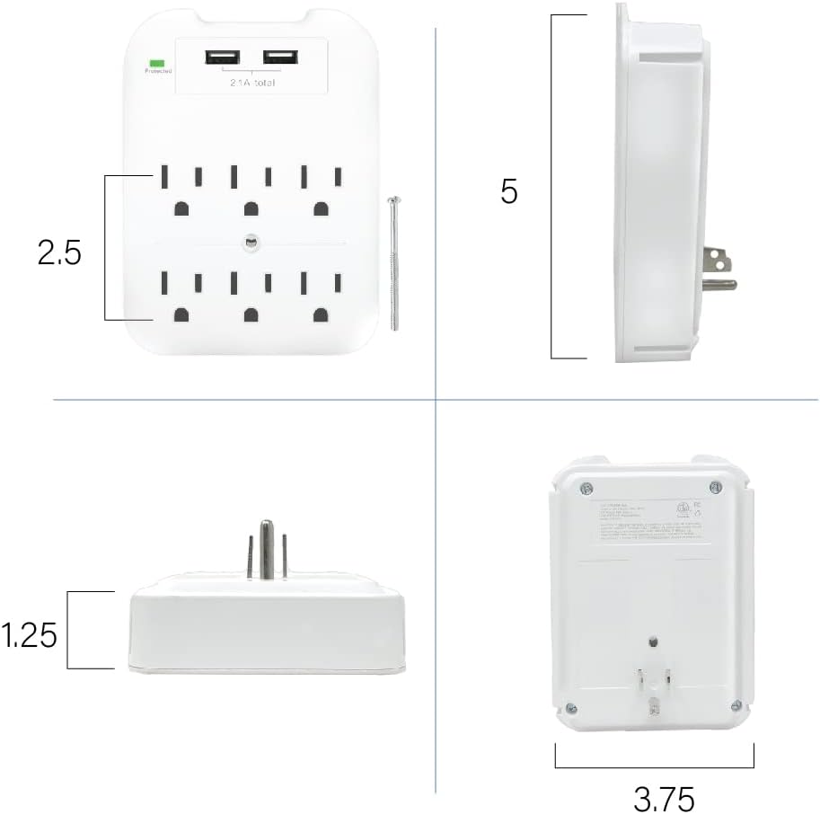 Tech2 6-Outlet Surge Protector with 2 USB Ports (2.4A) – ETL Certified