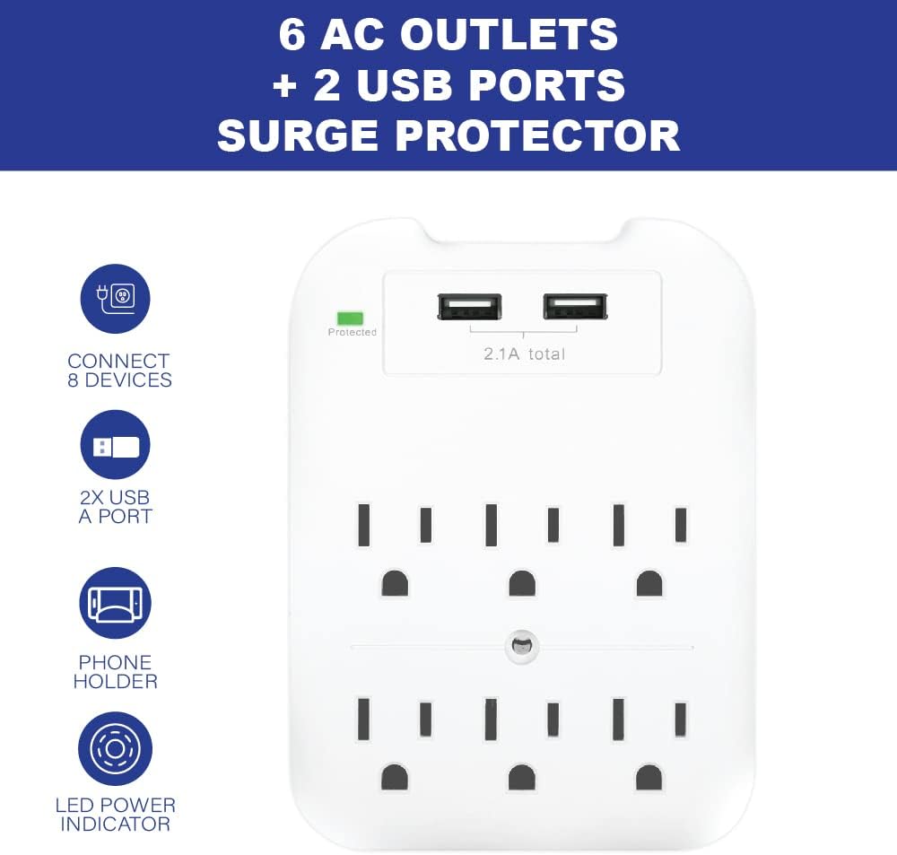 Tech2 6-Outlet Surge Protector with 2 USB Ports (2.4A) – ETL Certified