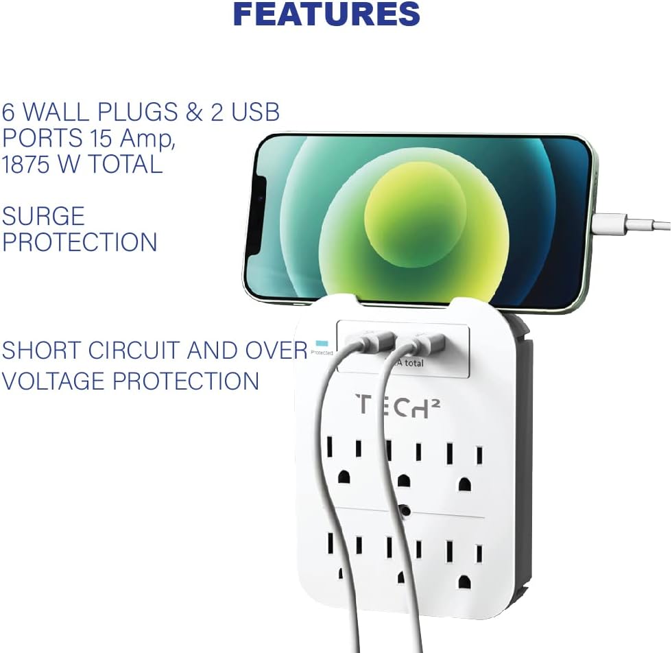 Tech2 6-Outlet Surge Protector with 2 USB Ports (2.4A) – ETL Certified