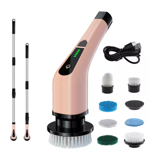 Cordless Portable Carpet Cleaners, Power Scrubber, 2-Speeds, 7-Brush Heads, Long Handle for Bathroom, Tub, Rose Gold
