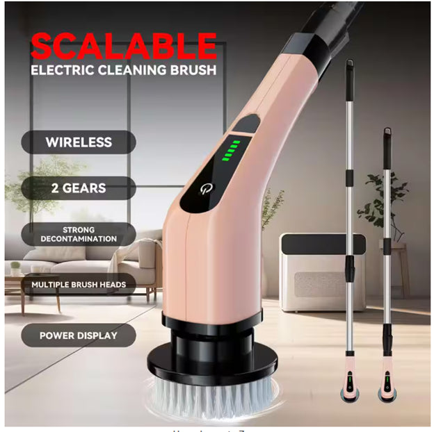 Cordless Portable Carpet Cleaners, Power Scrubber, 2-Speeds, 7-Brush Heads, Long Handle for Bathroom, Tub, Rose Gold