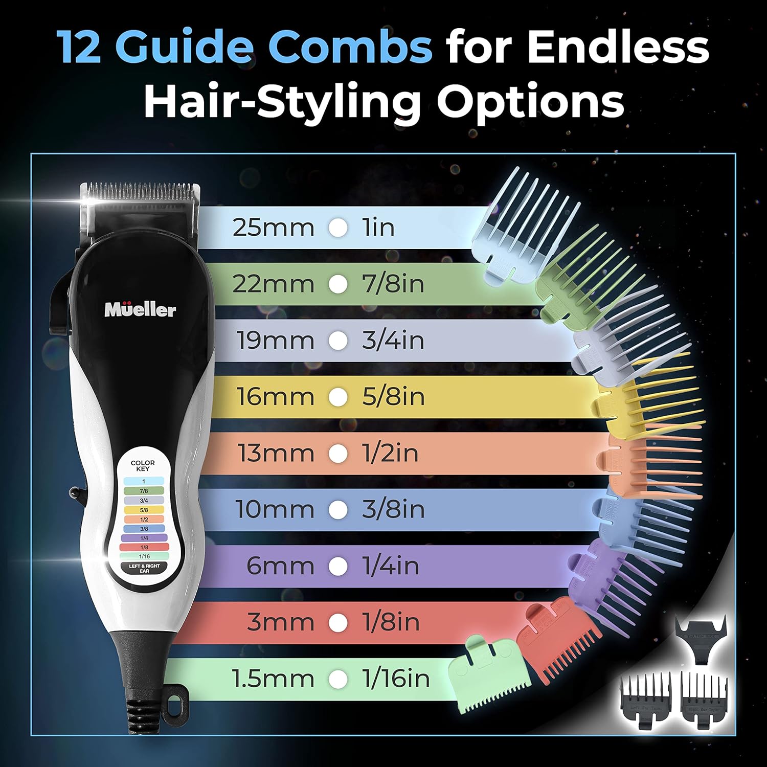 Mueller Ultragroom Hair Clipper & Trimmer, Professional Colored Haircutting Kit, designed for both Men and Women, 12 Guide Combs, Trimmer for Hair, Beards, Head, Body, and Face