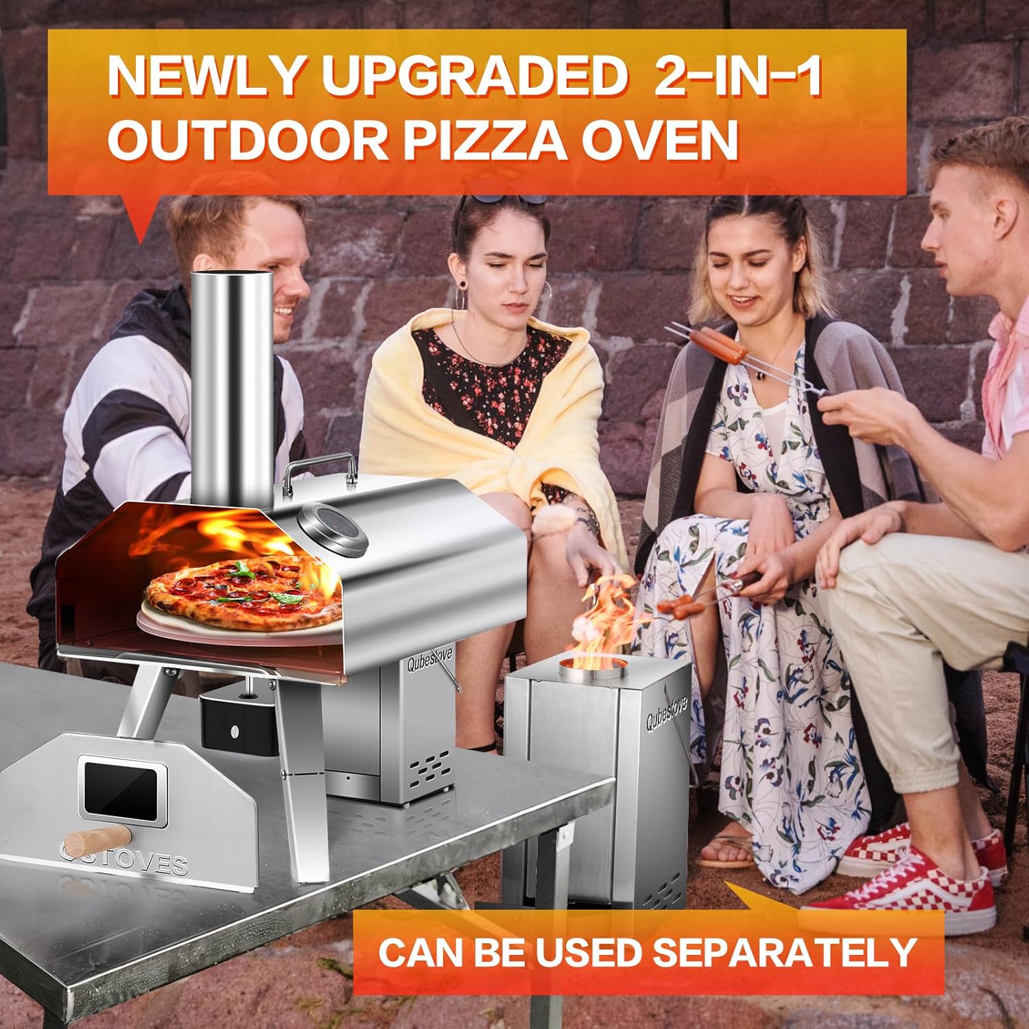 2-in-1 Outdoor Pizza Oven, 12" Wood Pellet Pizza Oven with AUTO ROTATING Pizza Stone, Portable, Removable Top as Torch Heater or Stove (New Item, Damaged Packaging)