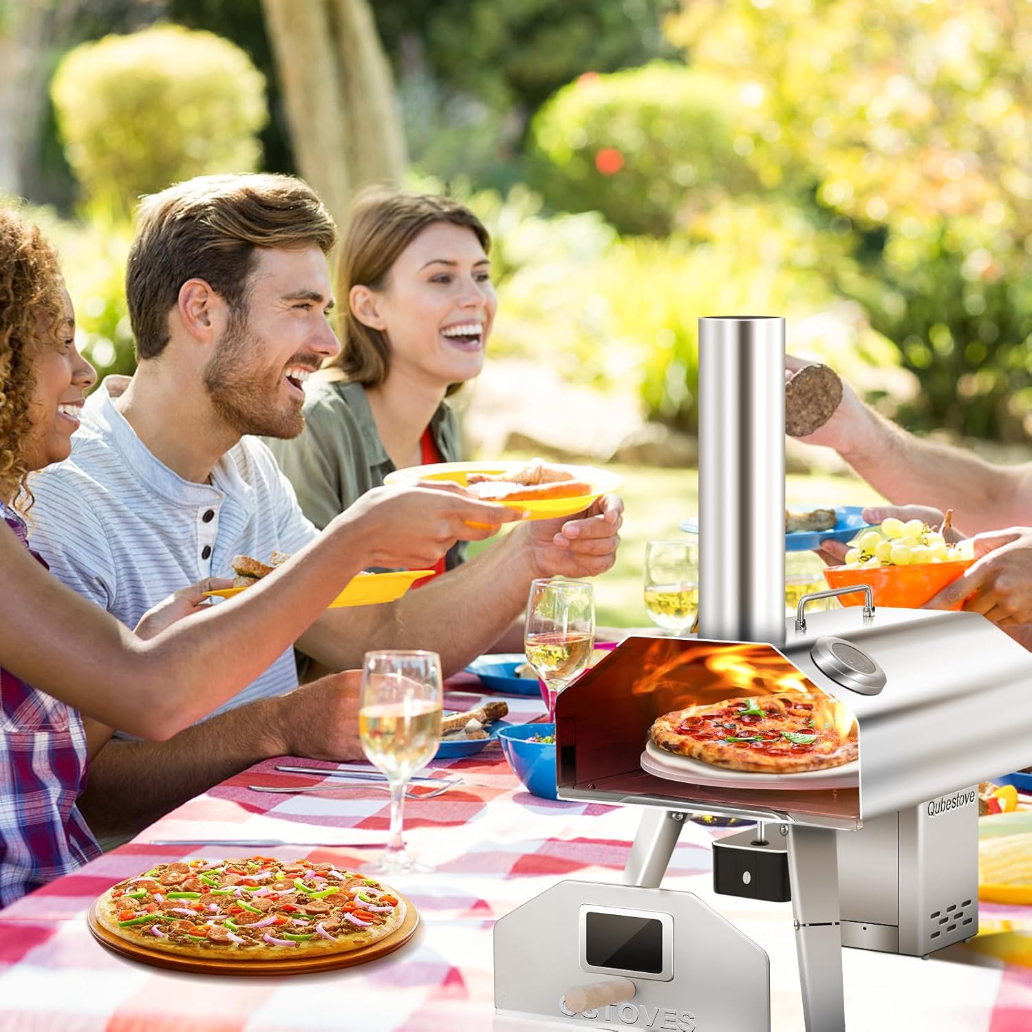 2-in-1 Outdoor Pizza Oven, 12" Wood Pellet Pizza Oven with AUTO ROTATING Pizza Stone, Portable, Removable Top as Torch Heater or Stove (New Item, Damaged Packaging)