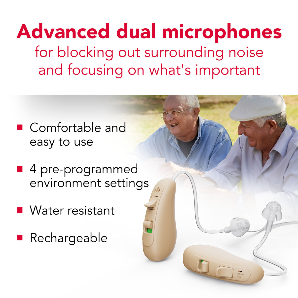 RCA 2-PK OTC Behind-the-Ear Hearing Aid with Rechargeable Stand, Beige