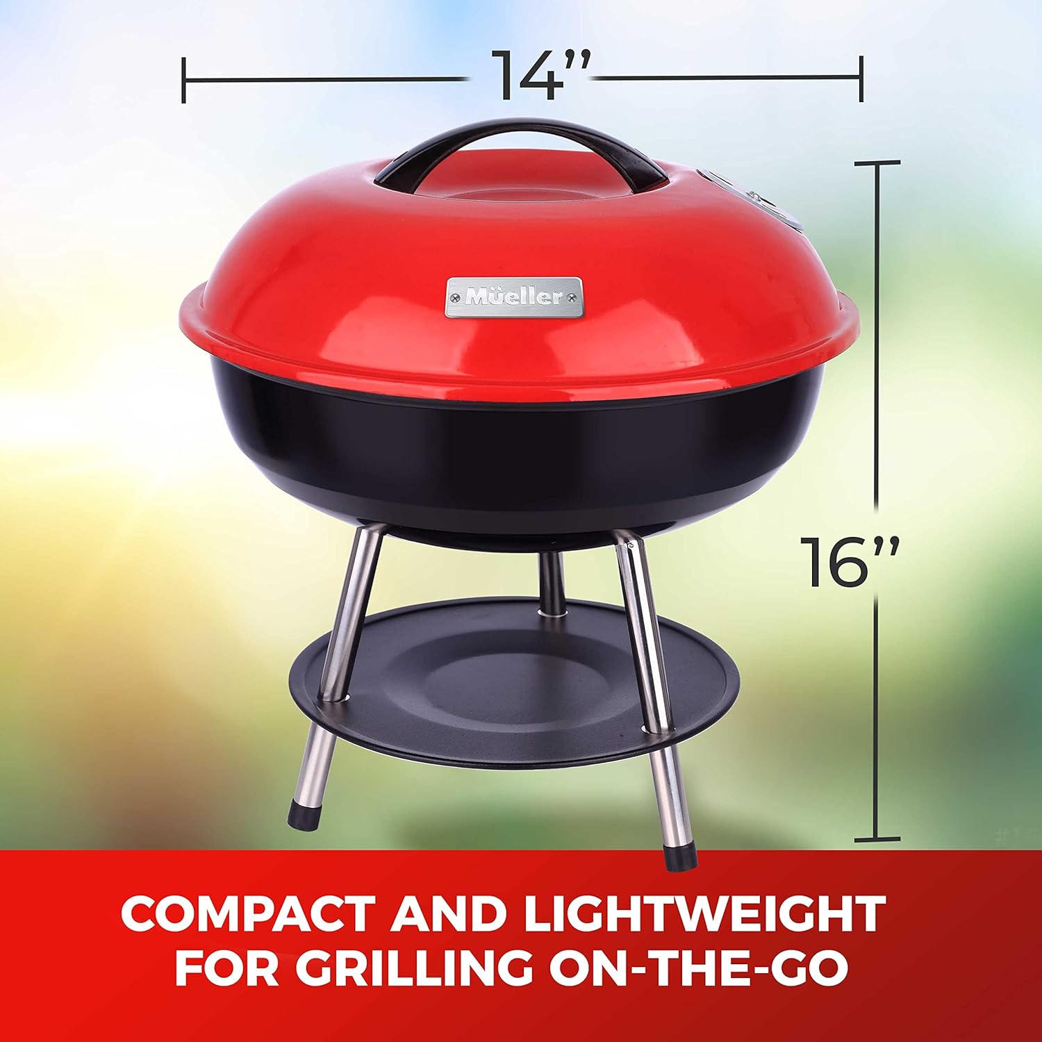 Mueller BBQ Buddy, 14 Inch Portable Charcoal Grill, Lightweight Grill for Barbecue Party, Dual Vents for Temp & Charcoal Control