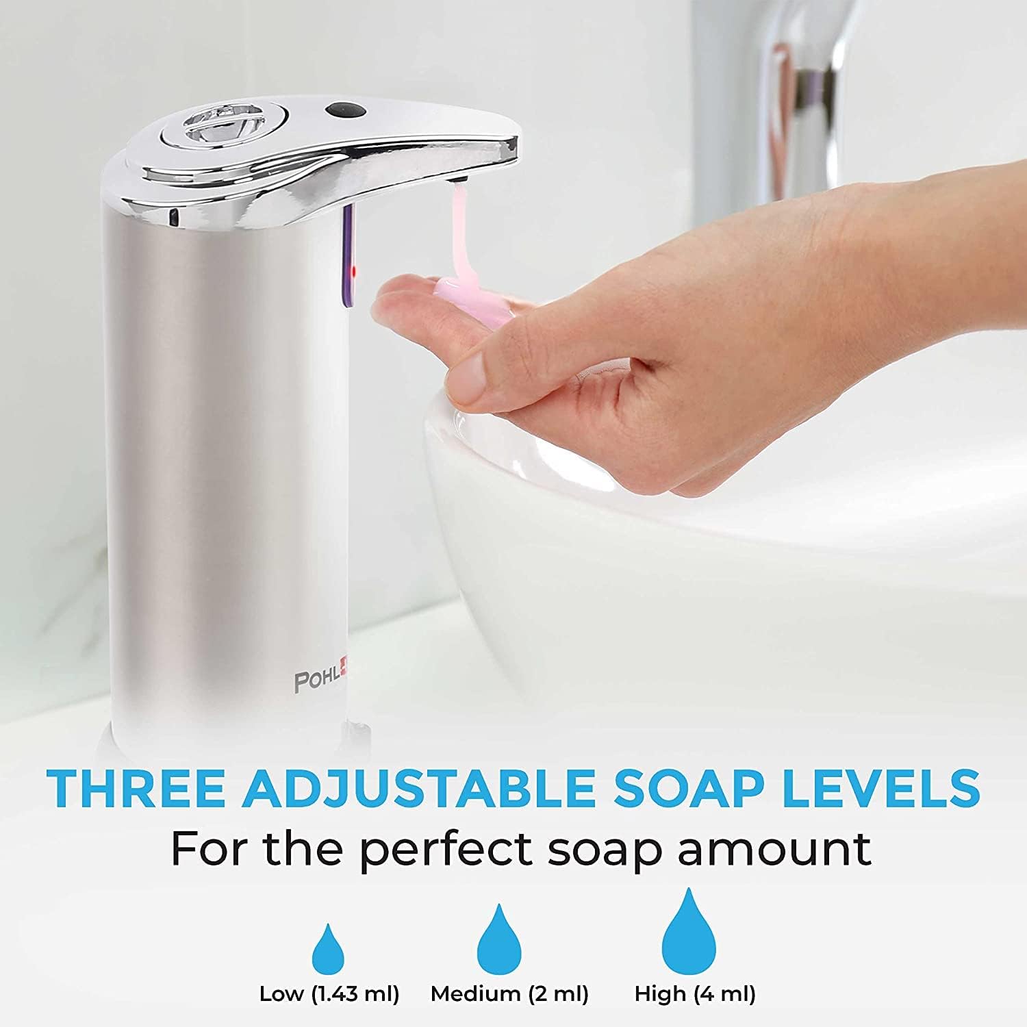POHL SCHMITT Premium Automatic Soap Dispenser Touchless Battery Operated Soap Dispenser Bathroom, 3 Adjustment Levels, Waterproof and Leakproof, Stainless Steel, for Bathroom, Kitchen, Office and More