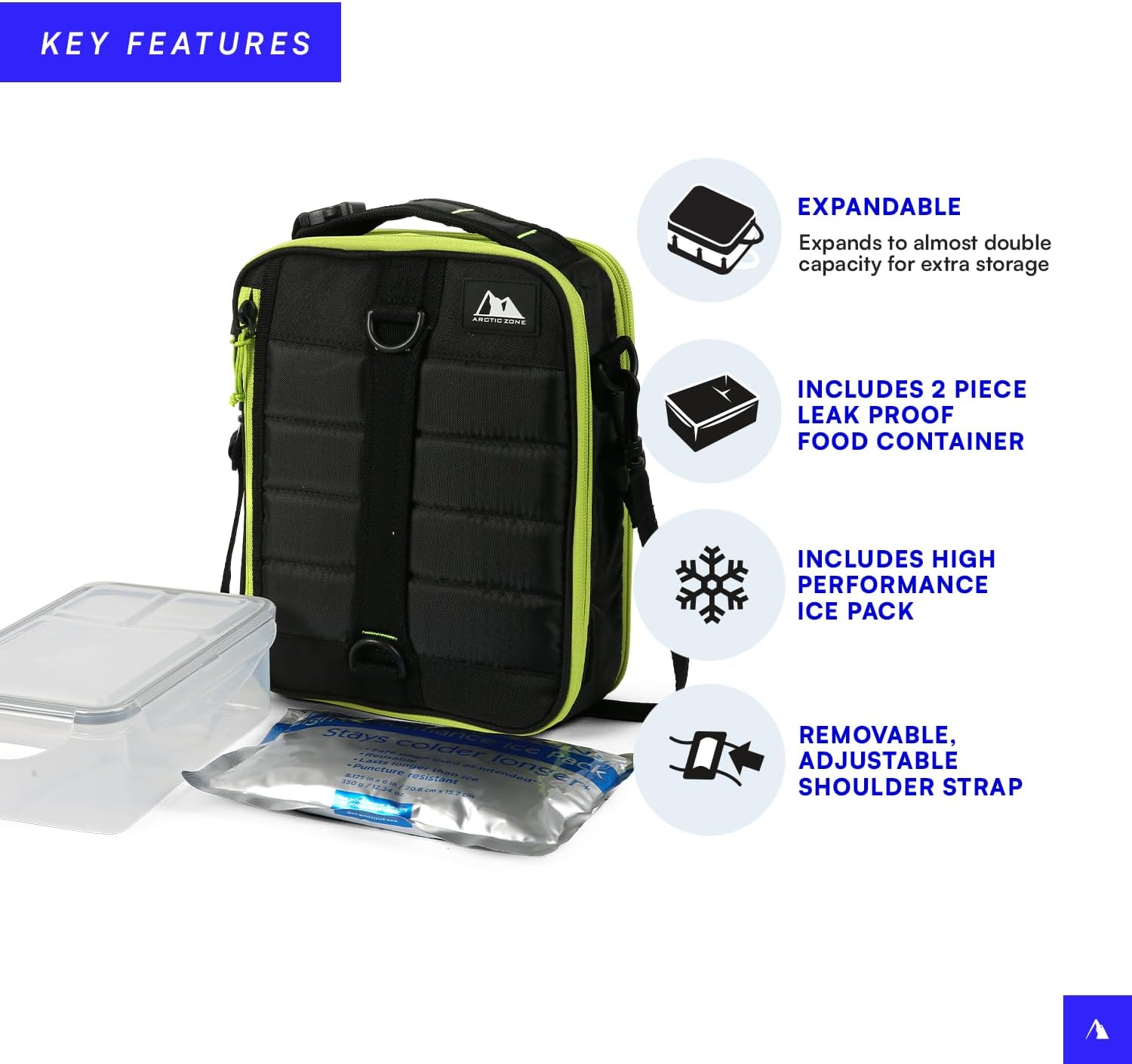 Arctic Zone High Performance Ultimate Upright Expandable Insulated Lunch Pack with 2pc Leak Proof Food Container (37.2 fl.oz) and 350g High Performance Ice Pack - Black