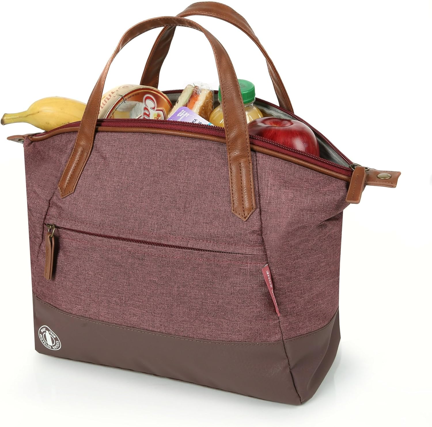 Arctic Zone Heathered Eco Lunch Bag Tote - Wine Red, Expandable Insulated Lunch Box with Vegan Leather Trim