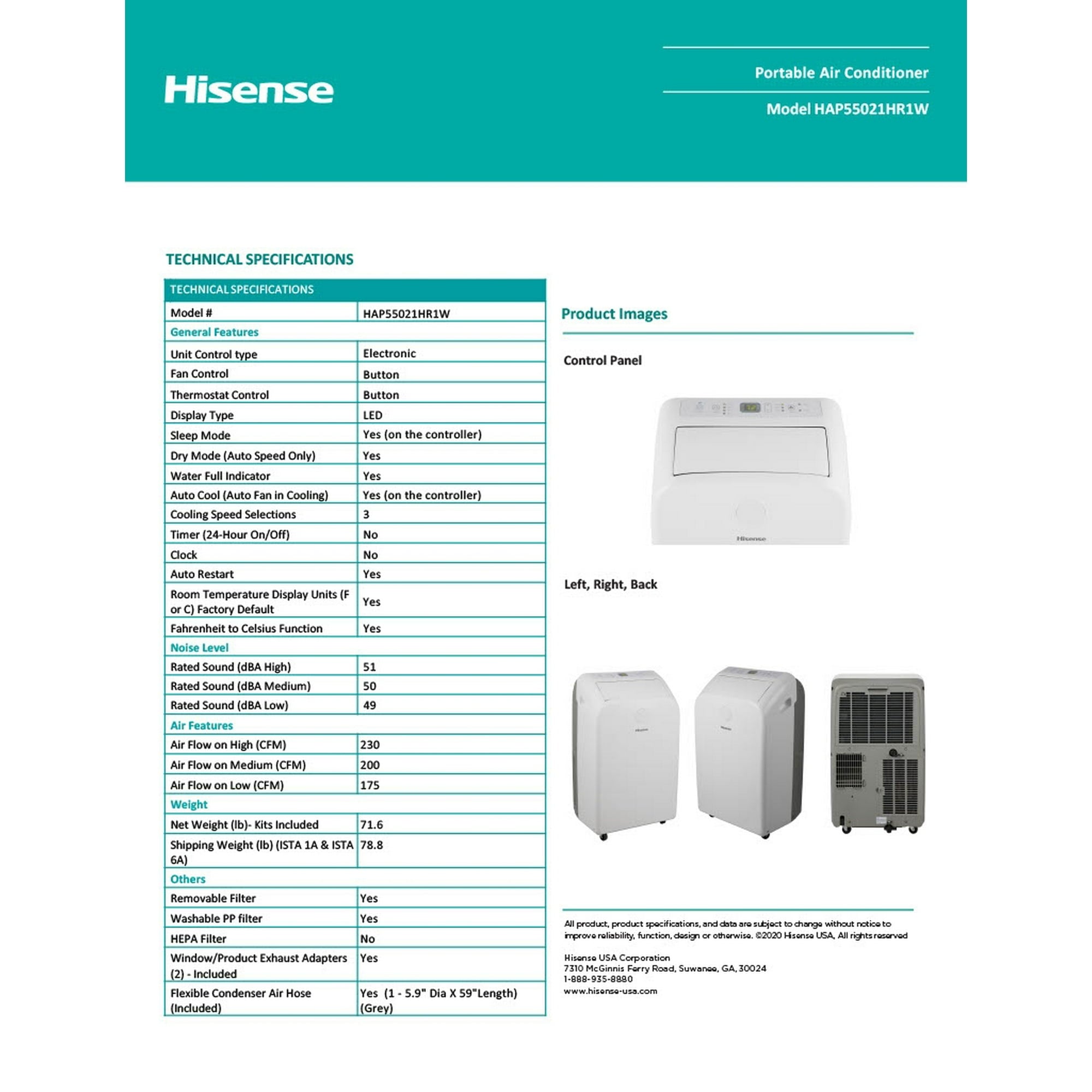 Hisense Portable Air Conditioner with Heatpump, SACC 8,000 BTU, 550 sq. ft. (Refurbished)