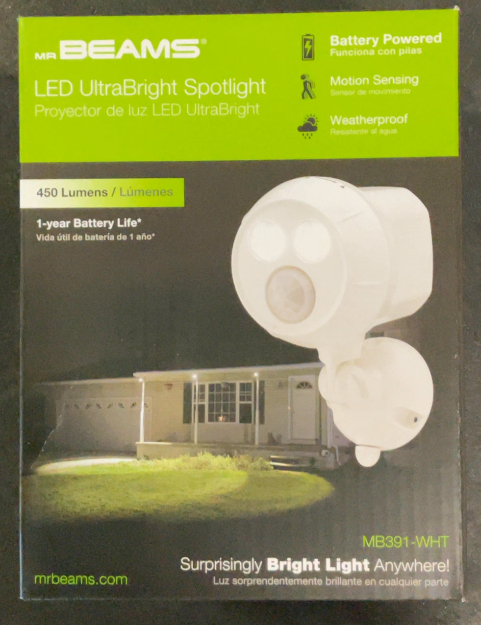 Mr Beams Outdoor UltraBright 450 Lumen Battery Powered Motion Activated Integrated LED Spotlight, White