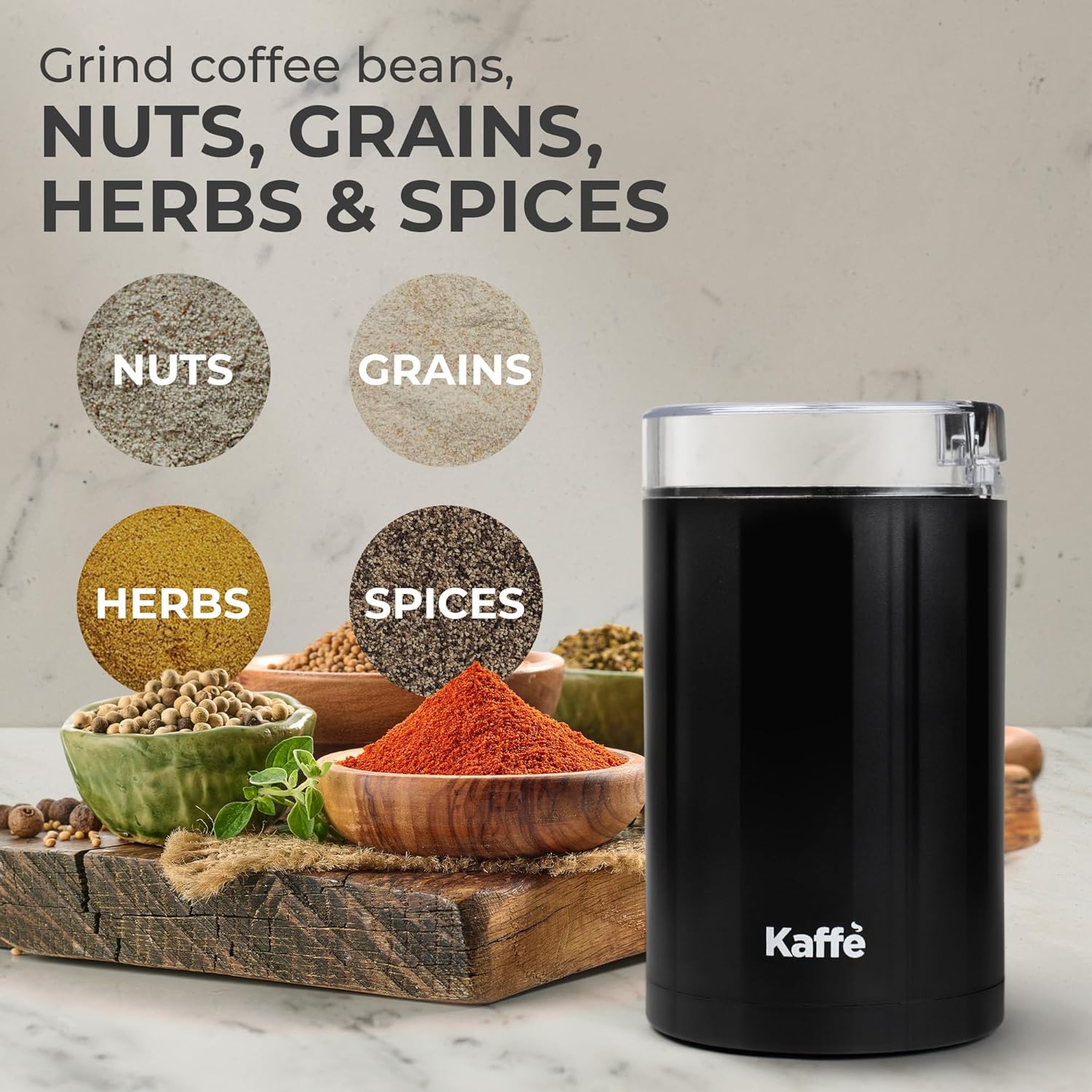 Kaffe One-Touch Coffee Grinder Electric w/Cleaning Brush (3 oz) - Coffee Grinders for Home Use - Up to 12 Cups of Coffee per Grind - Easy On/Off Coffee Bean Grinder - Black Blade Grinder - 3oz Black