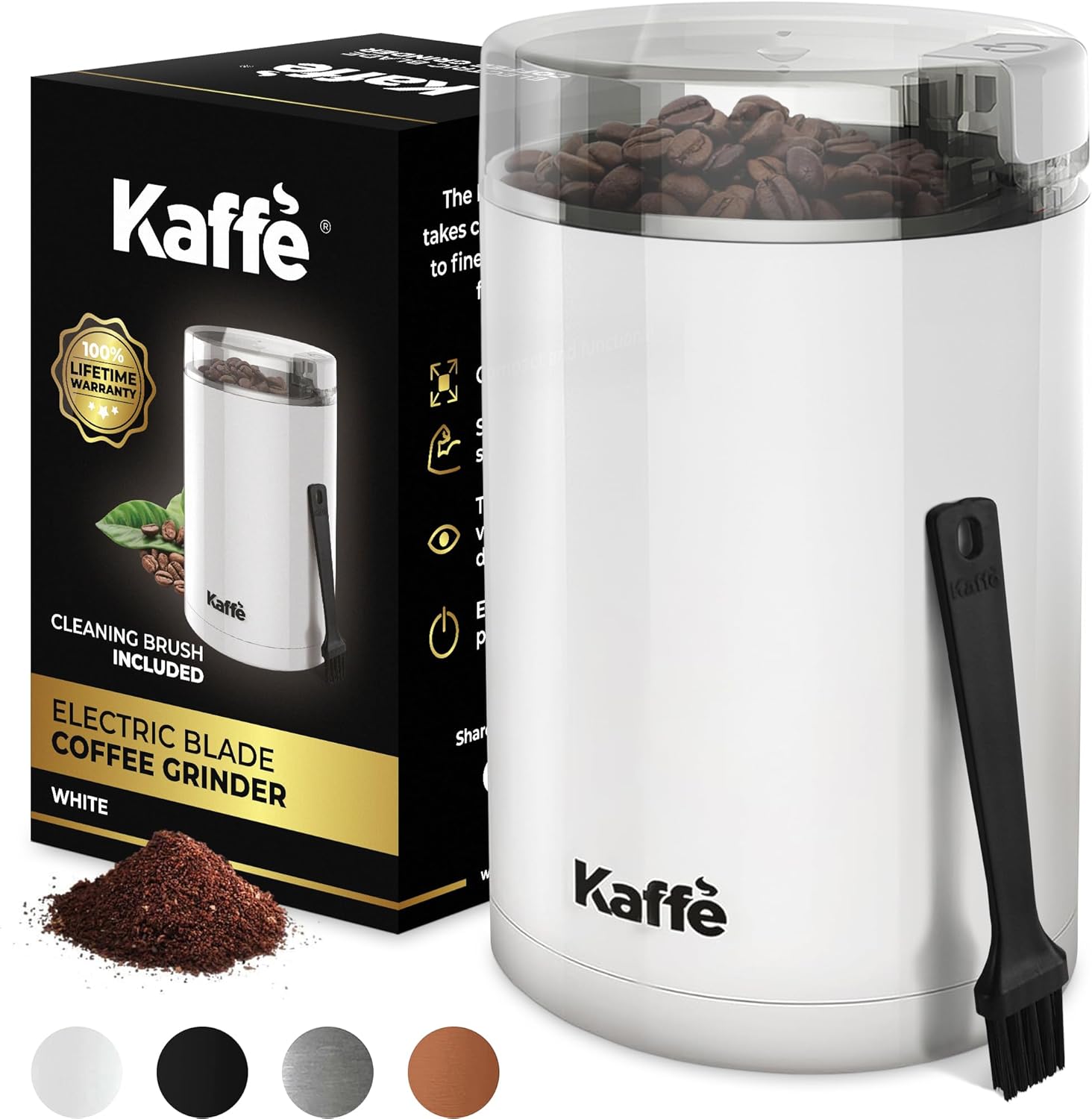 Kaffe One-Touch Electric Coffee Grinder w/Cleaning Brush (3 oz) - Up to 12 Cups of Coffee per Grind - Easy On/Off