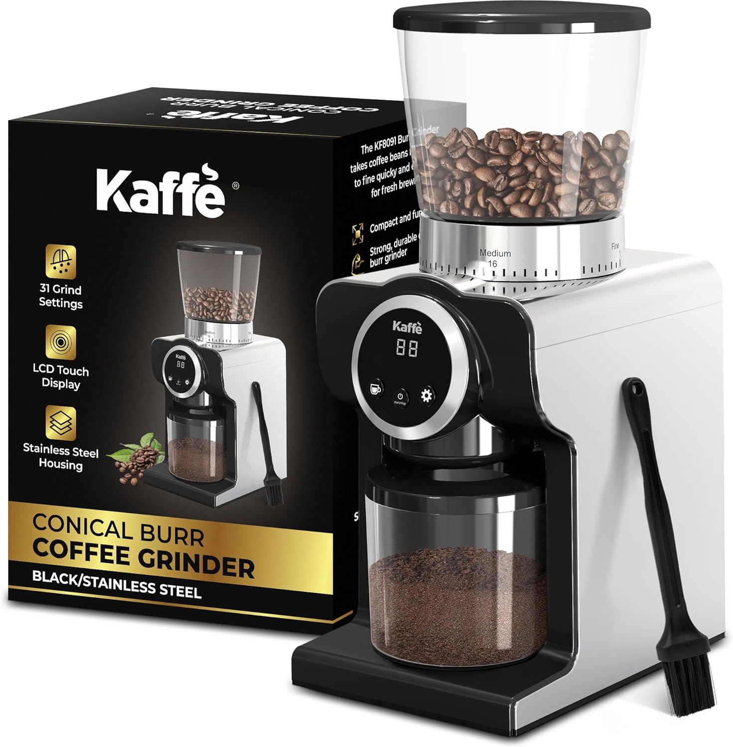 Kaffe Electric Burr Coffee Grinder (9oz) w/ 31 Adjustable Coarseness Settings - Conical Burr - [New Touch Screen w/Timer & Cup Selector] - Precision Coffee Bean Grinder for Home Use - Stainless Steel