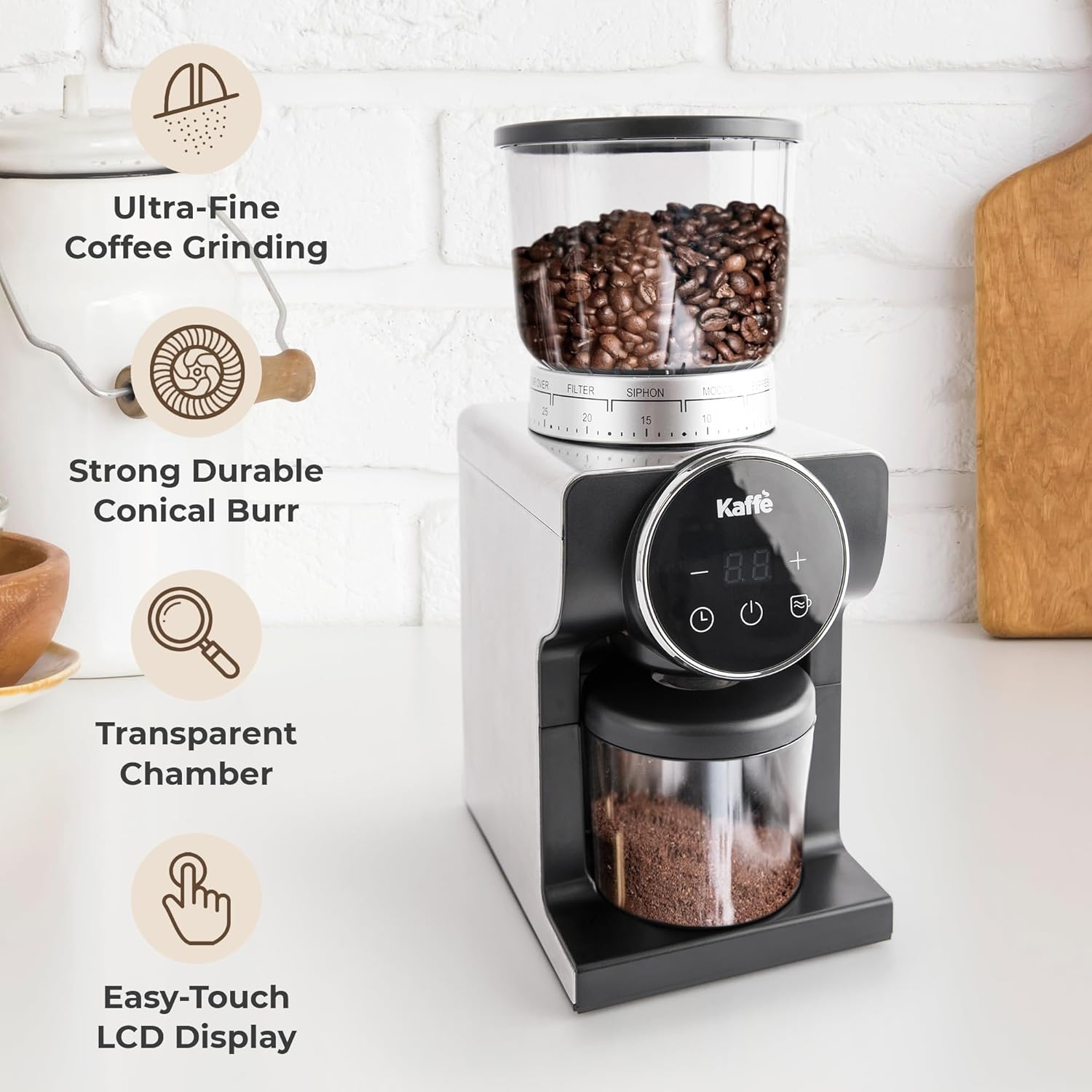 Kaffe Electric Burr Coffee Grinder (9oz) w/ 31 Adjustable Coarseness Settings - Conical Burr - [New Touch Screen w/Timer & Cup Selector] - Precision Coffee Bean Grinder for Home Use - Stainless Steel