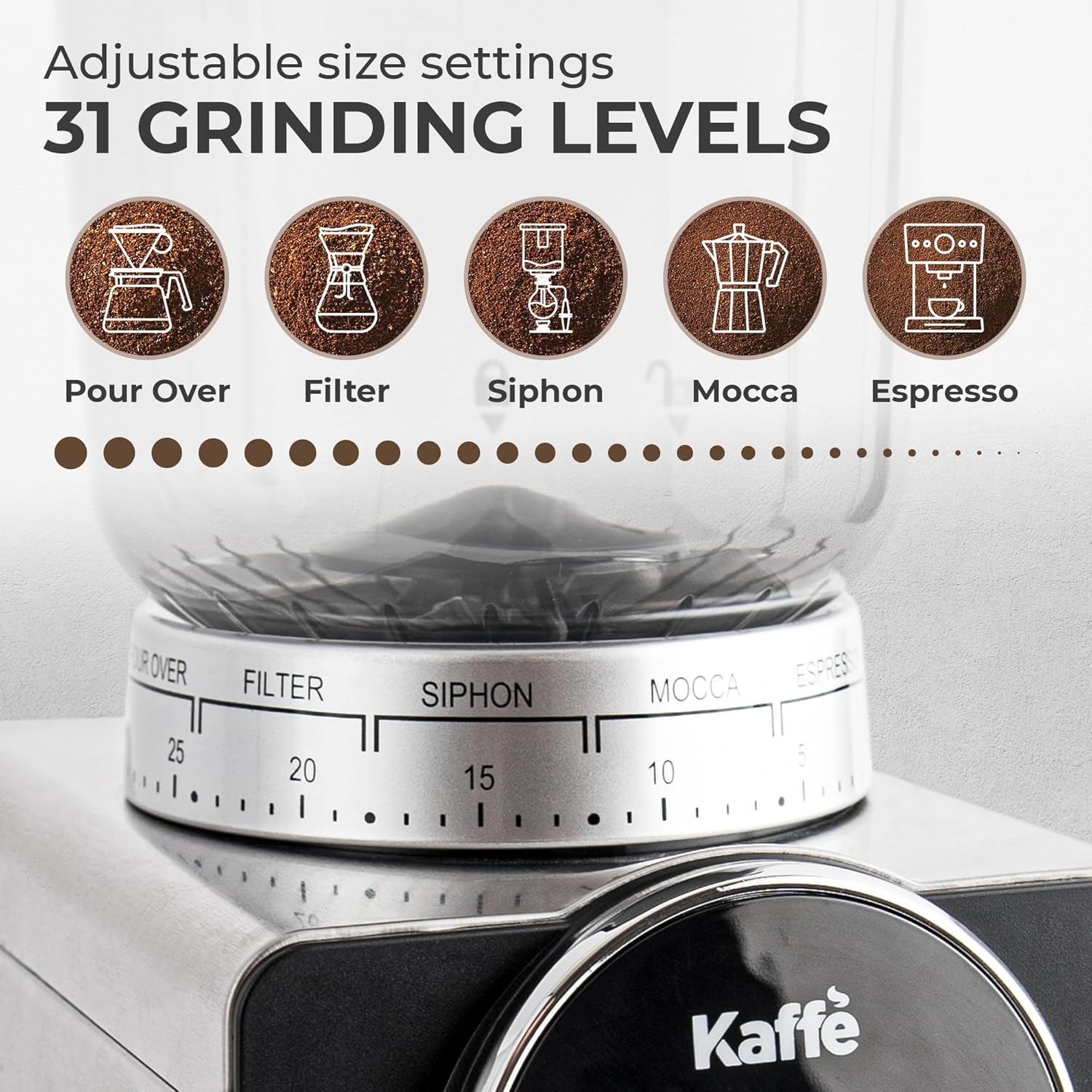 Kaffe Electric Burr Coffee Grinder (9oz) w/ 31 Adjustable Coarseness Settings - Conical Burr - [New Touch Screen w/Timer & Cup Selector] - Precision Coffee Bean Grinder for Home Use - Stainless Steel