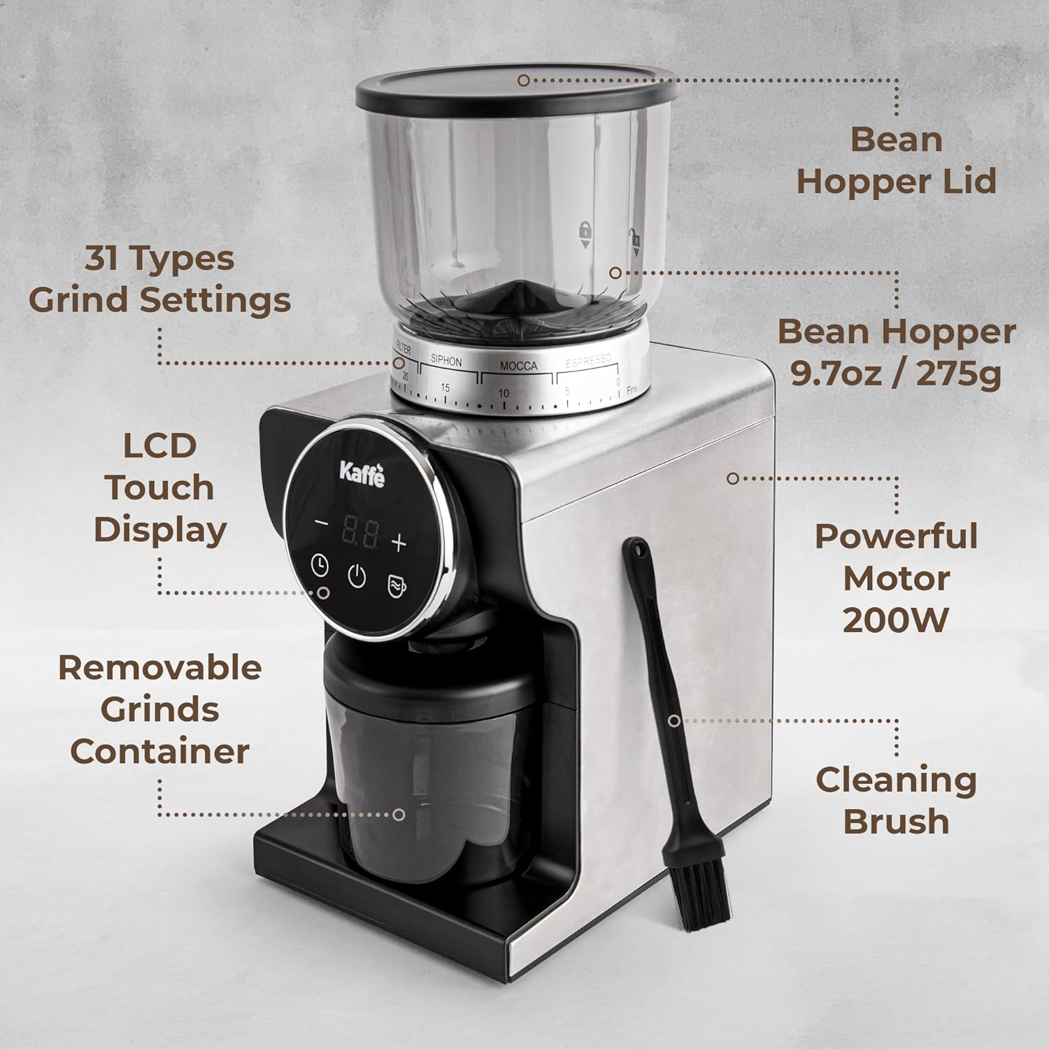 Kaffe Electric Burr Coffee Grinder (9oz) w/ 31 Adjustable Coarseness Settings - Conical Burr - [New Touch Screen w/Timer & Cup Selector] - Precision Coffee Bean Grinder for Home Use - Stainless Steel