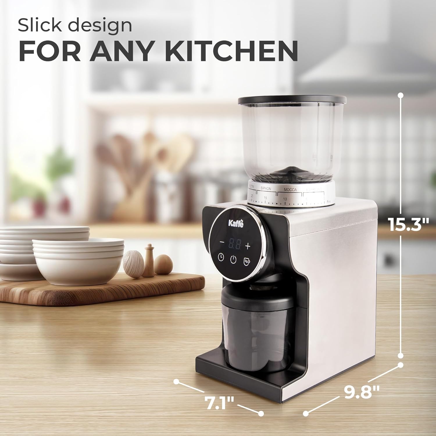 Kaffe Electric Burr Coffee Grinder (9oz) w/ 31 Adjustable Coarseness Settings - Conical Burr - [New Touch Screen w/Timer & Cup Selector] - Precision Coffee Bean Grinder for Home Use - Stainless Steel