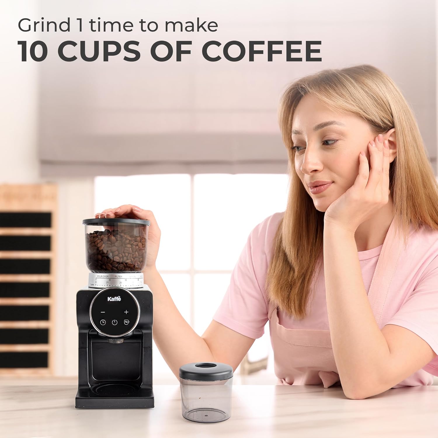 Kaffe Electric Burr Coffee Grinder (9oz) w/ 31 Adjustable Coarseness Settings - Conical Burr - [New Touch Screen w/Timer & Cup Selector] - Precision Coffee Bean Grinder for Home Use - Stainless Steel