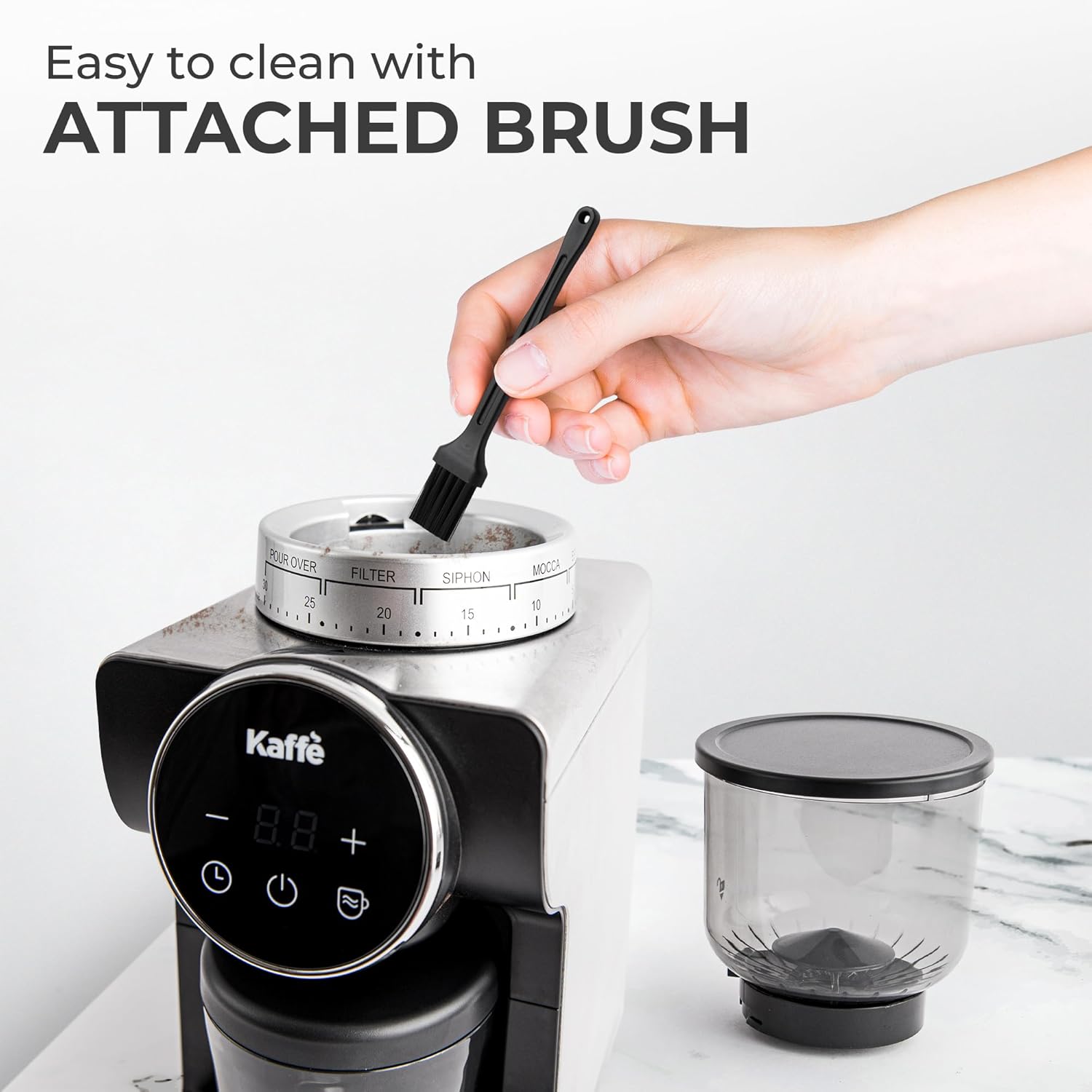 Kaffe Electric Burr Coffee Grinder (9oz) w/ 31 Adjustable Coarseness Settings - Conical Burr - [New Touch Screen w/Timer & Cup Selector] - Precision Coffee Bean Grinder for Home Use - Stainless Steel