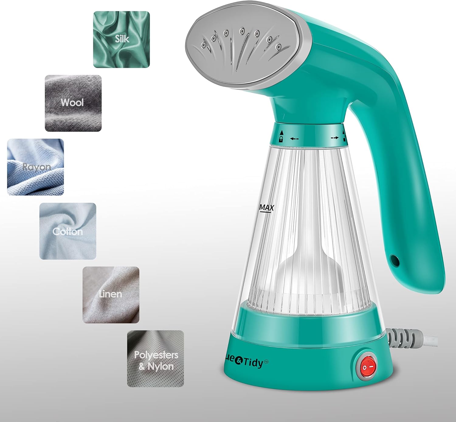 True & Tidy, Steam Hand Held Steamer with Stainless Steel Nozzle, Includes Fabric Brush and Water Cup, Teal