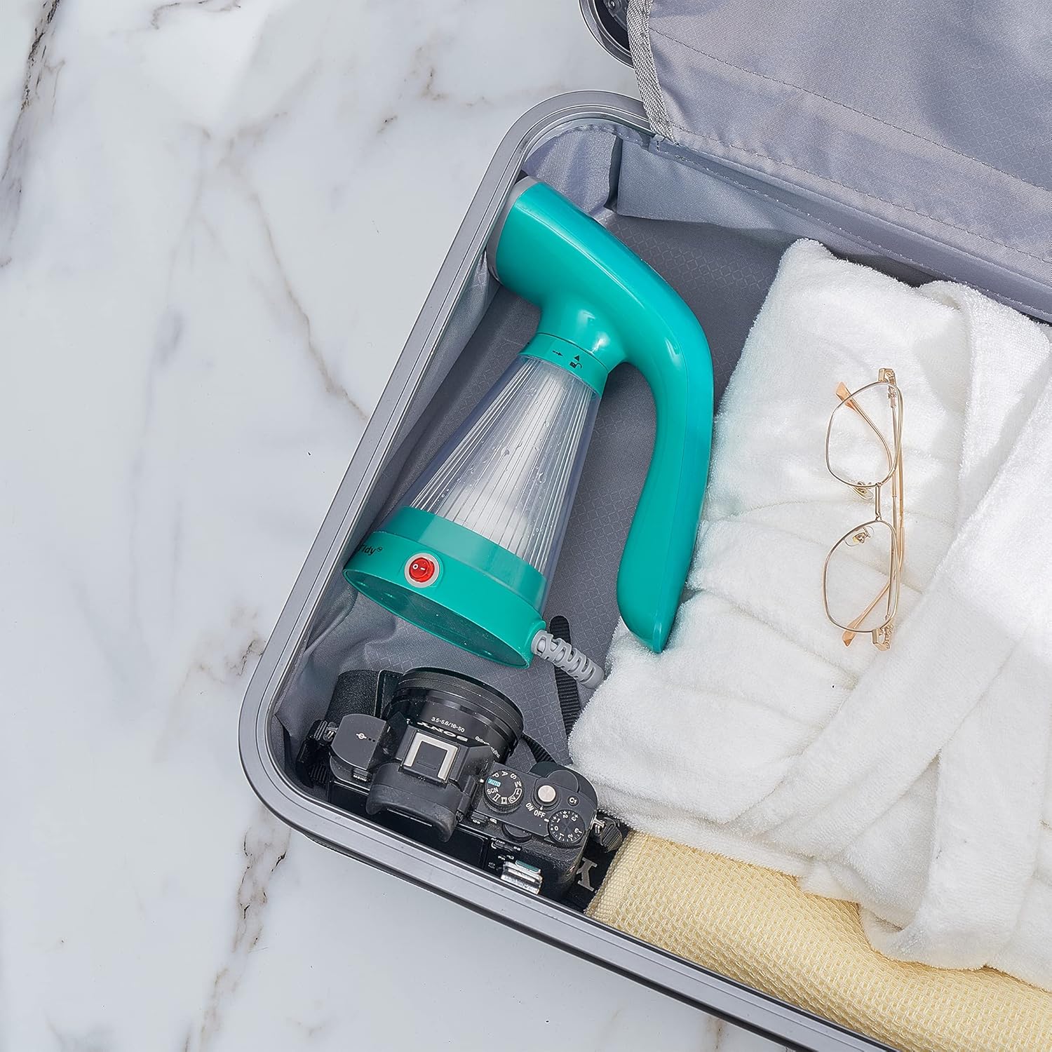 True & Tidy, Steam Hand Held Steamer with Stainless Steel Nozzle, Includes Fabric Brush and Water Cup, Teal