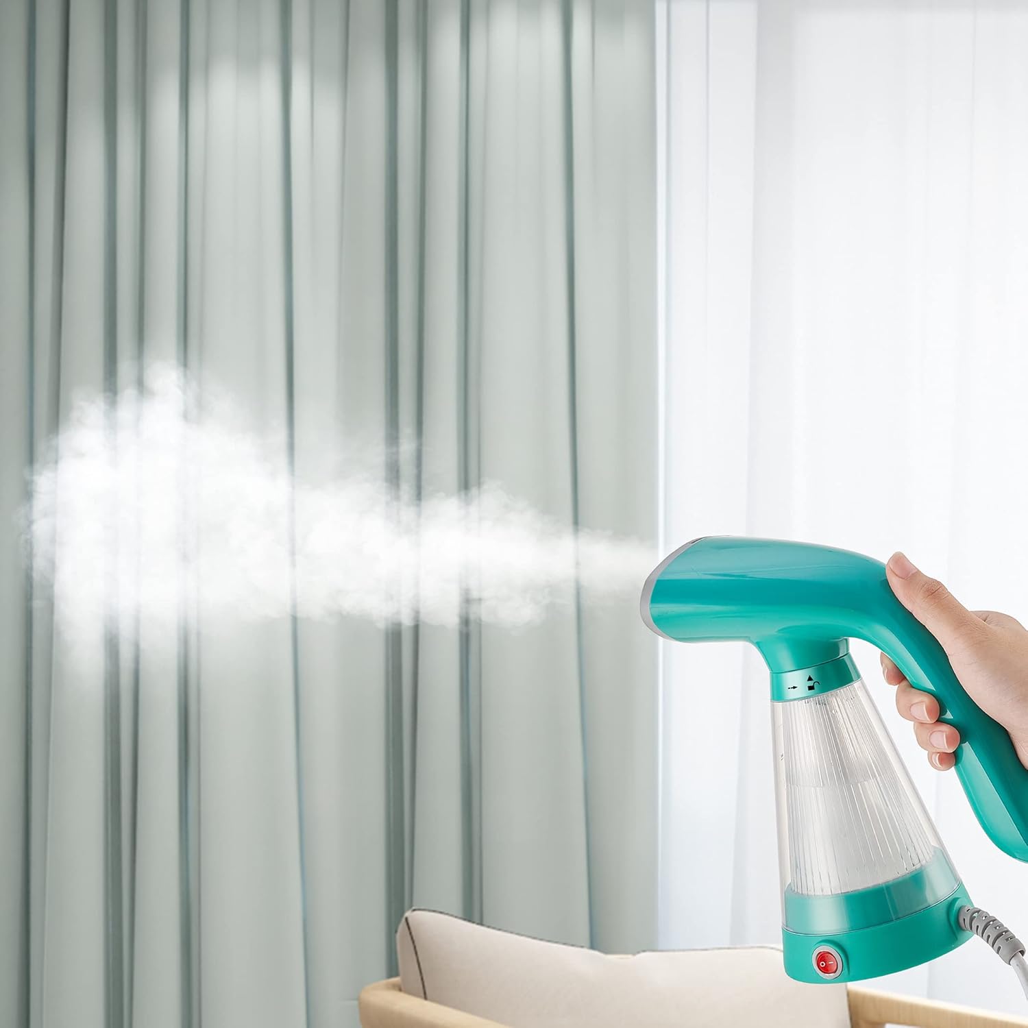 True & Tidy, Steam Hand Held Steamer with Stainless Steel Nozzle, Includes Fabric Brush and Water Cup, Teal
