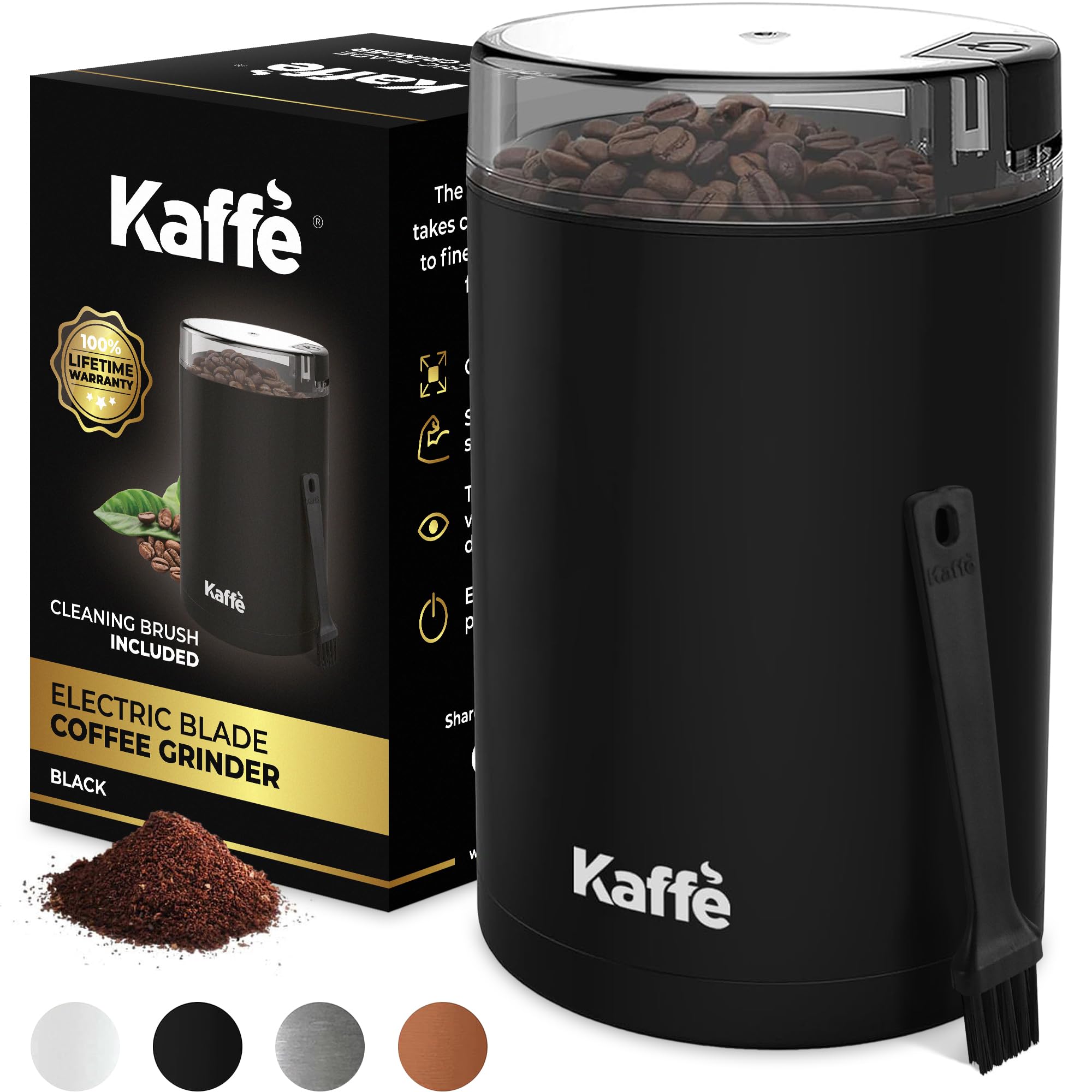 Kaffe One-Touch Electric Coffee Grinder w/Cleaning Brush (3 oz) - Up to 12 Cups of Coffee per Grind - Easy On/Off