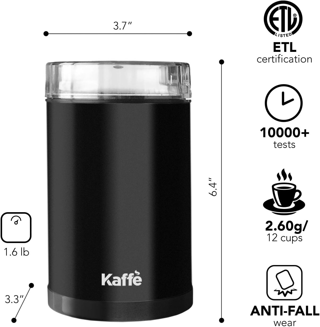 Kaffe One-Touch Electric Coffee Grinder w/Cleaning Brush (3 oz) - Up to 12 Cups of Coffee per Grind - Easy On/Off