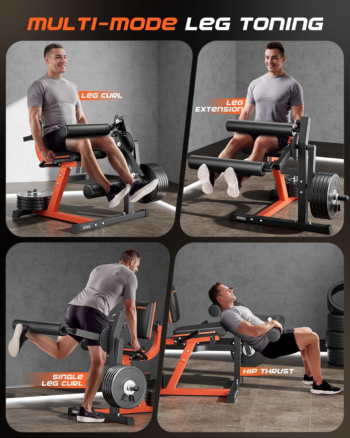 FEIERDUN 4-in-1 Adjustable Leg Extension Curl Machine - 700lbs Capacity Leg Extension Machine for Lower Body Workouts - Orange
