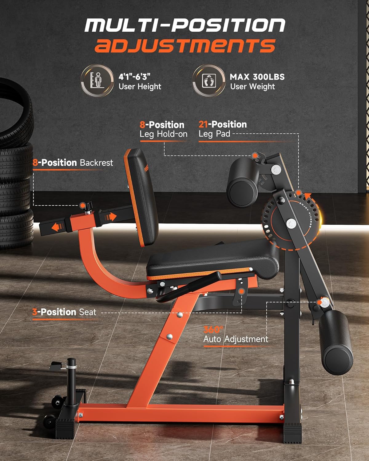 FEIERDUN 4-in-1 Adjustable Leg Extension Curl Machine - 700lbs Capacity Leg Extension Machine for Lower Body Workouts - Orange