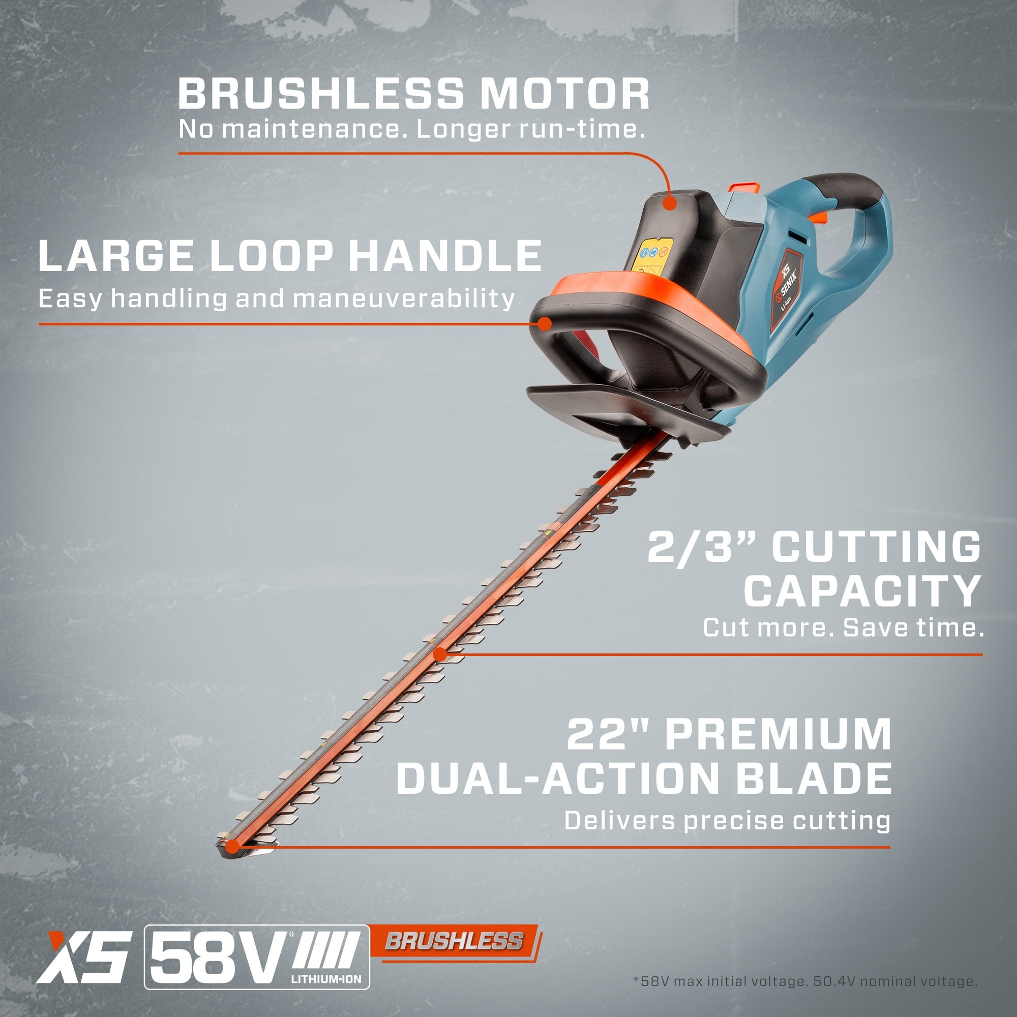 SENIX 58 Volt Max* 22-Inch Cordless Brushless Hedge Trimmer, Double-Sided Dual Action Blades, 2/3" Cutting Capacity (Battery and Charger Included) HTX5-M