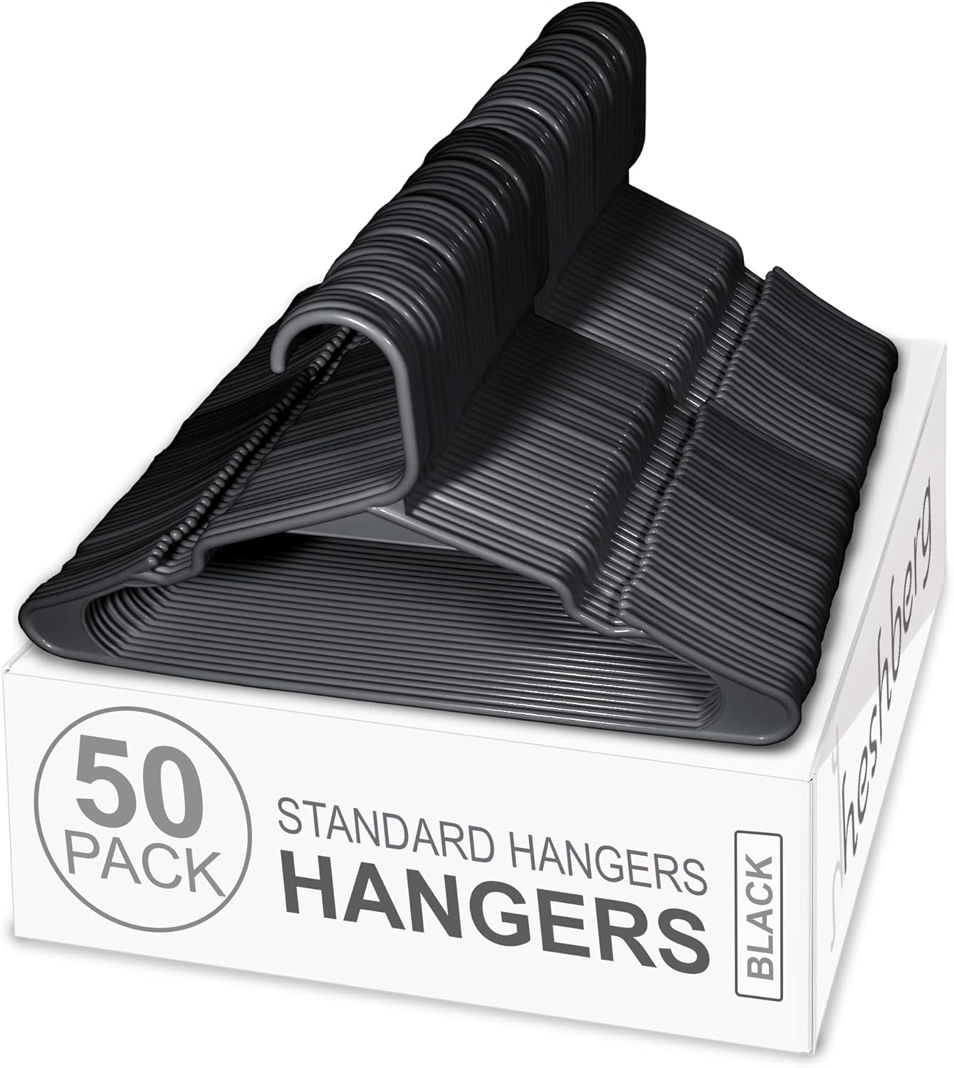 Heshberg Plastic Notched Hangers Space Saving Tubular Clothes Hangers Standard Size Ideal for Everyday Use on Shirts, Coats, Pants, Dress, Skirts, Etc. (50, Black)