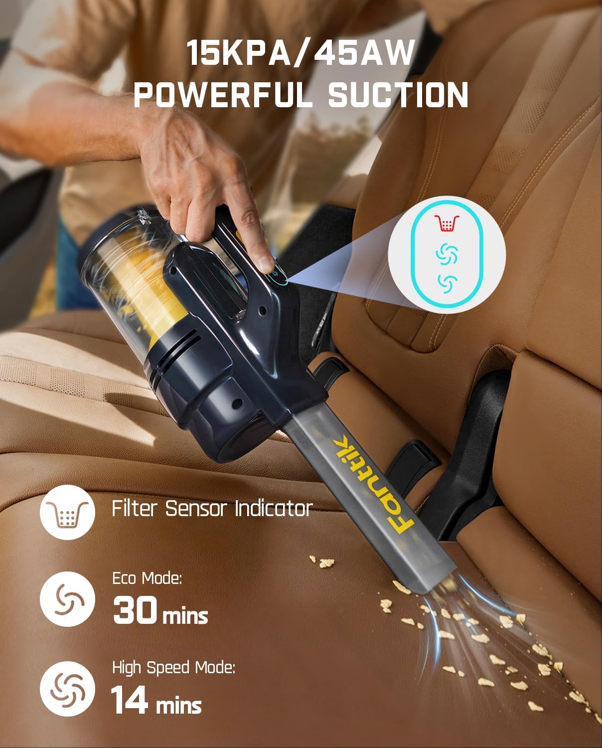 Fanttik Cruise V9 Car Vacuum Cleaner High Power, 15000Pa Handheld Vacuum Cordless with Extension Tube & LED Display & Light, RobustClean Portable Mini Vacuum for Home Car Cleaning