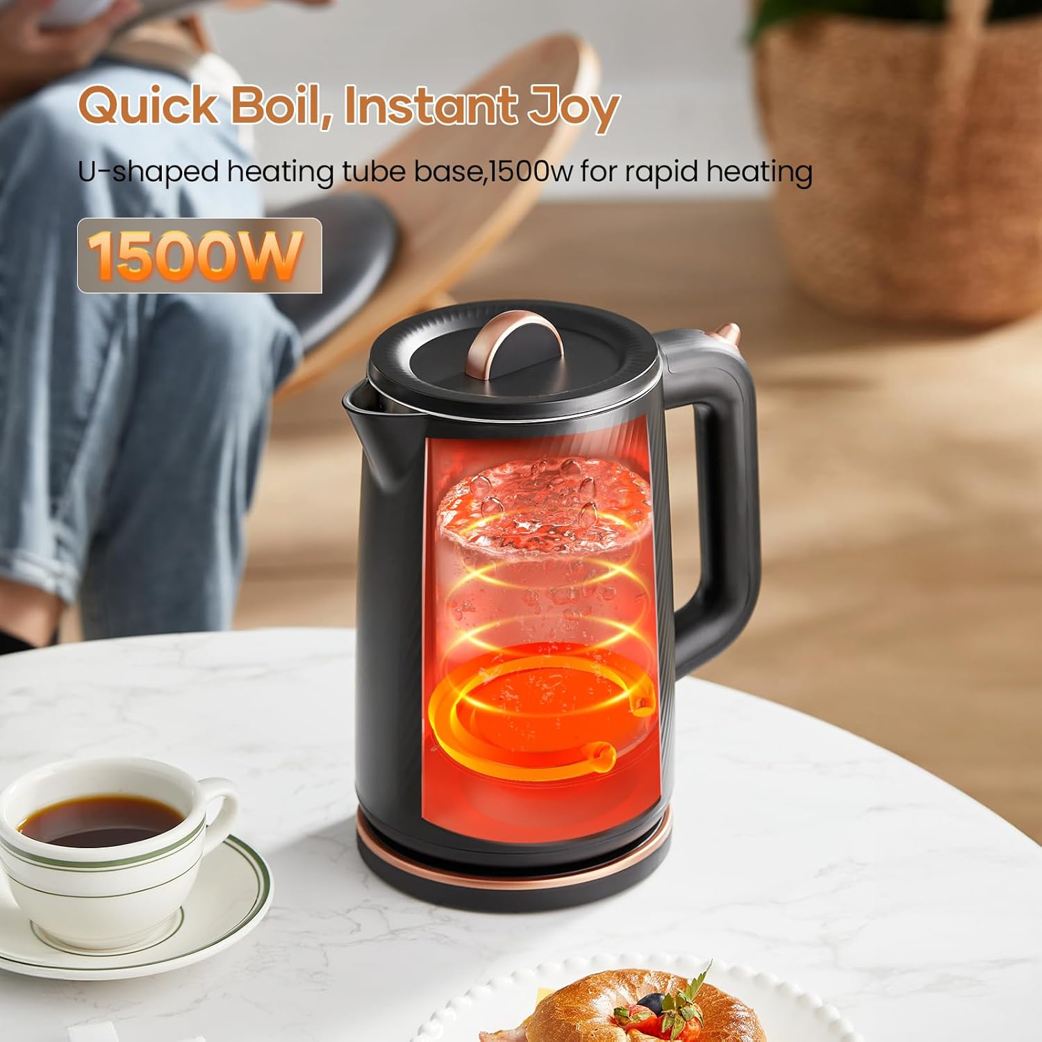 OLEGA Electric Kettle - 1500W Electric Tea Kettle 1.8L Stainless Steel Inner Electric Kettles for Boiling Water Auto Shut Off Boil-Dry Protection, Black