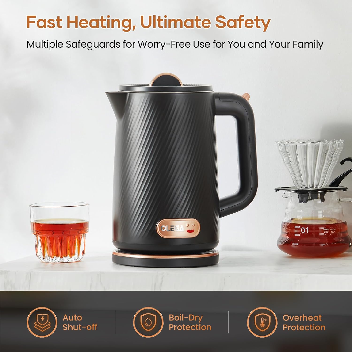 OLEGA Electric Kettle - 1500W Electric Tea Kettle 1.8L Stainless Steel Inner Electric Kettles for Boiling Water Auto Shut Off Boil-Dry Protection, Black